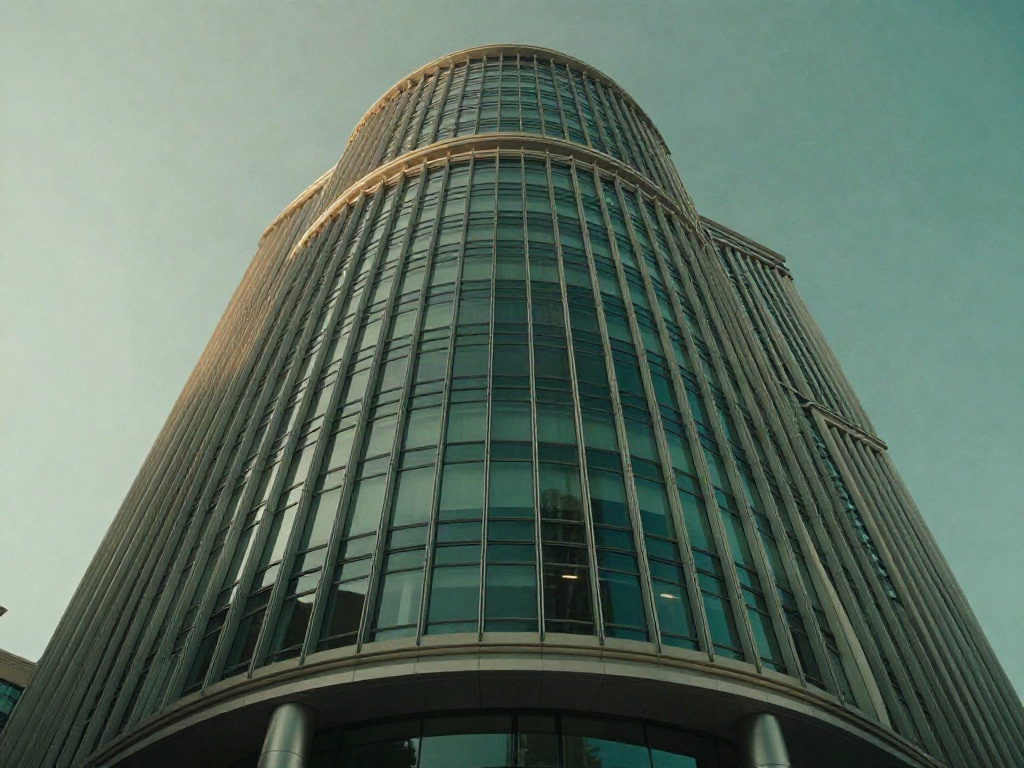 Sweeping contemporary office towers in warm light, viewed from a fresh perspective